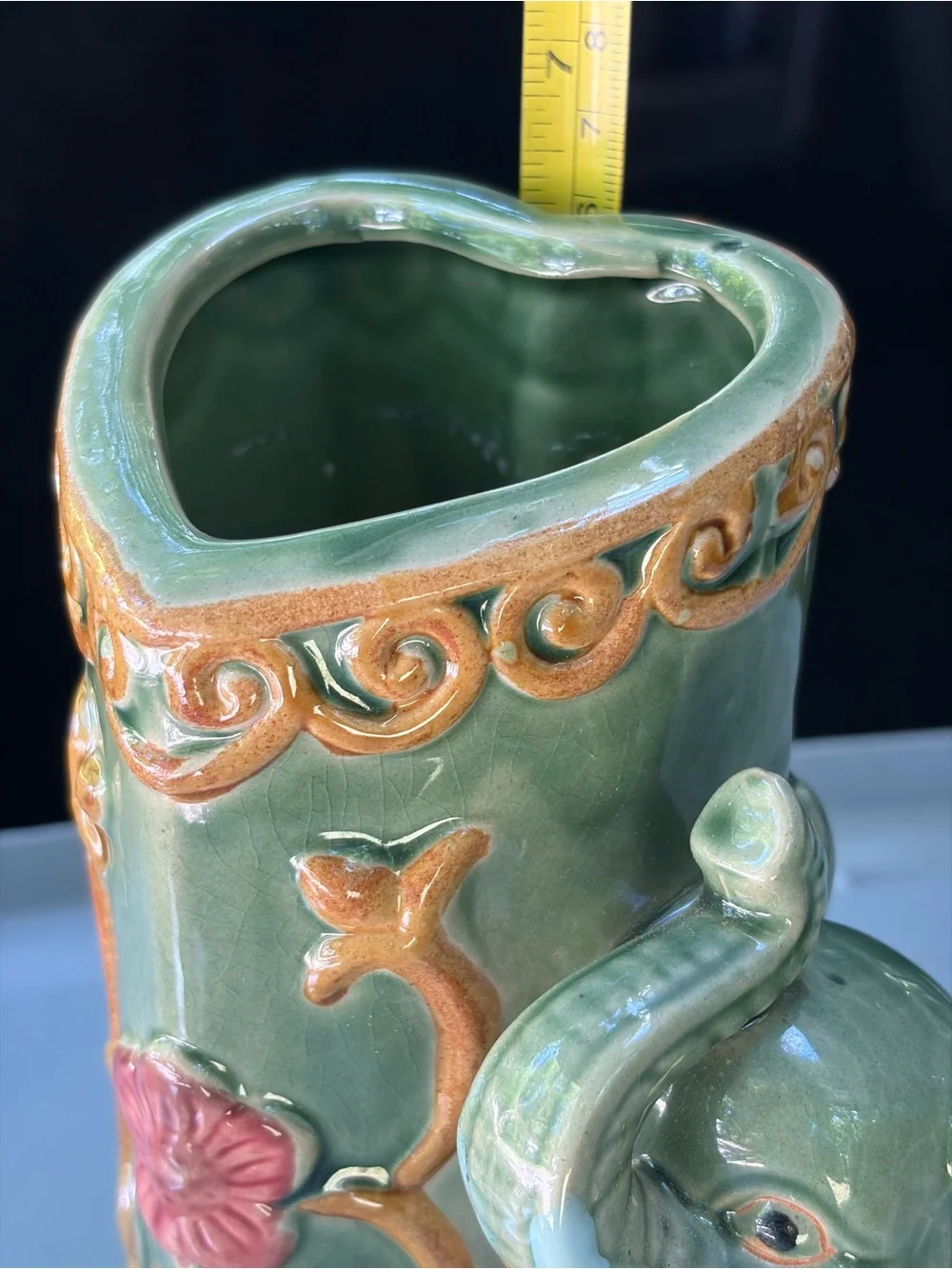 Vtg Baby Elephant Trunk Up Green Majolica Ceramic Vase W/ Red Flowers 6” Signed